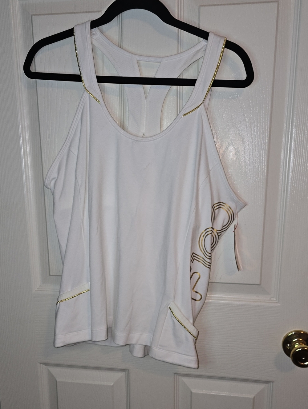 Women's White Racerback Tank Top‎ with Gold Trim